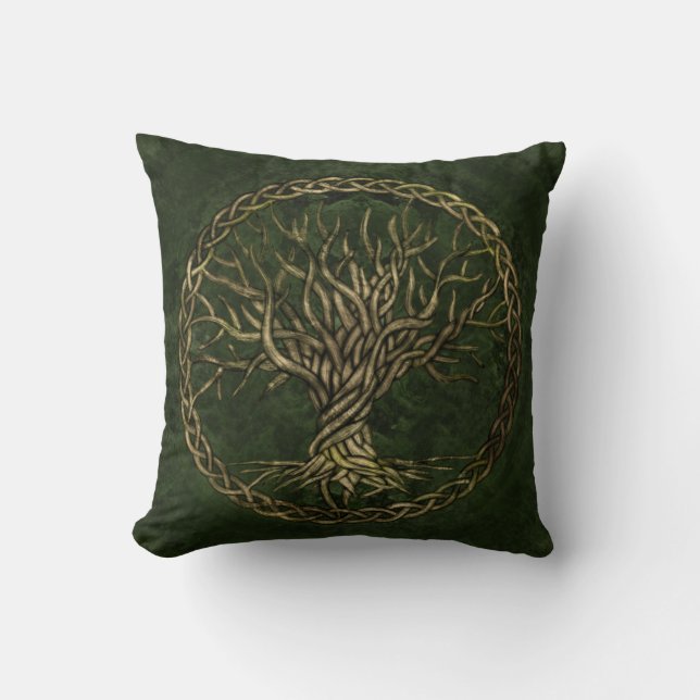 Livets träd - Yggdrasil - grönt och guld Kudde (Framsida)
