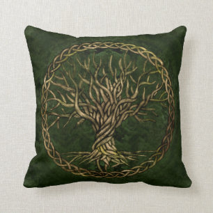 Livets träd - Yggdrasil - grönt och guld Kudde