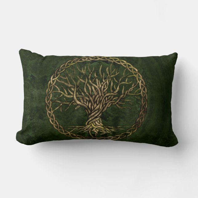 Livets träd - Yggdrasil - grönt och guld Lumbarkudde (Framsida)