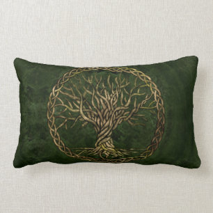 Livets träd - Yggdrasil - grönt och guld Lumbarkudde