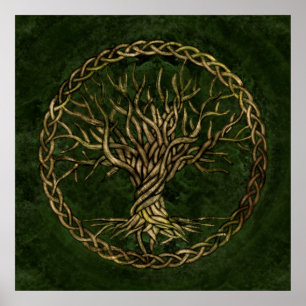 Livets träd-Yggdrasil-grönt och guld Poster