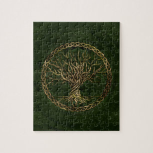 Livets träd - Yggdrasil - grönt och guld Pussel