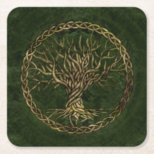 Livets träd - Yggdrasil - grönt och guld Underlägg Papper Kvadrat