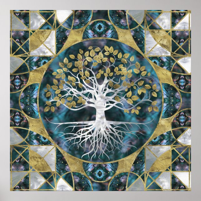 Livets träd-Yggdrasil-Marble och Guld Poster (Framsidan)