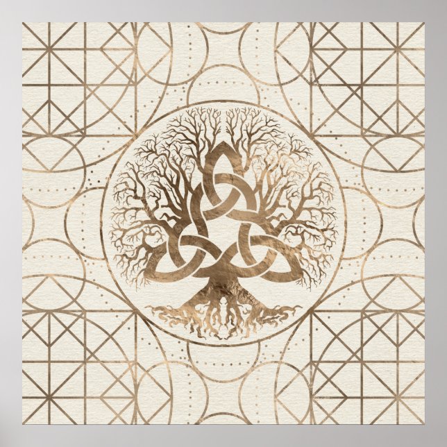Livets träd-Yggdrasil med Triquetra Pastel guld Poster (Framsidan)