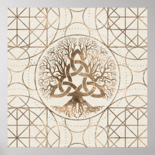 Livets träd - Yggdrasil med Triquetra pastellguld Poster