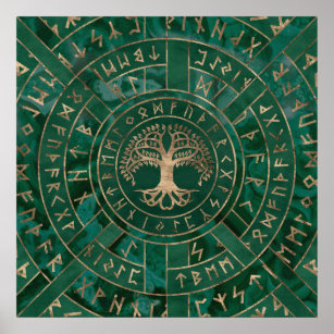 Livets träd-Yggdrasil och Futhark-Malachite Poster
