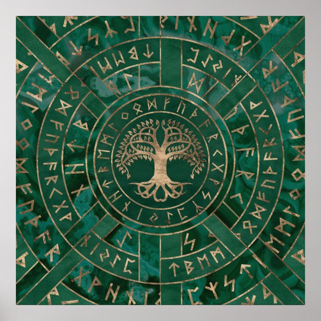 Livets träd-Yggdrasil och Futhark-Malachite Poster (Framsidan)