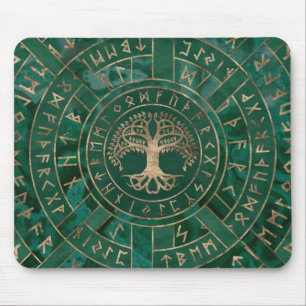 Livets träd-Yggdrasil och Futhark-Malakit Musmatta