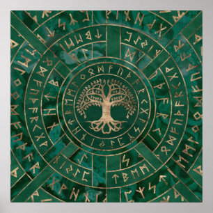 Livets träd-Yggdrasil och Futhark-Malakit Poster