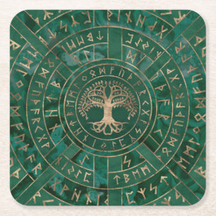 Livets träd-Yggdrasil och Futhark-Malakit Underlägg Papper Kvadrat