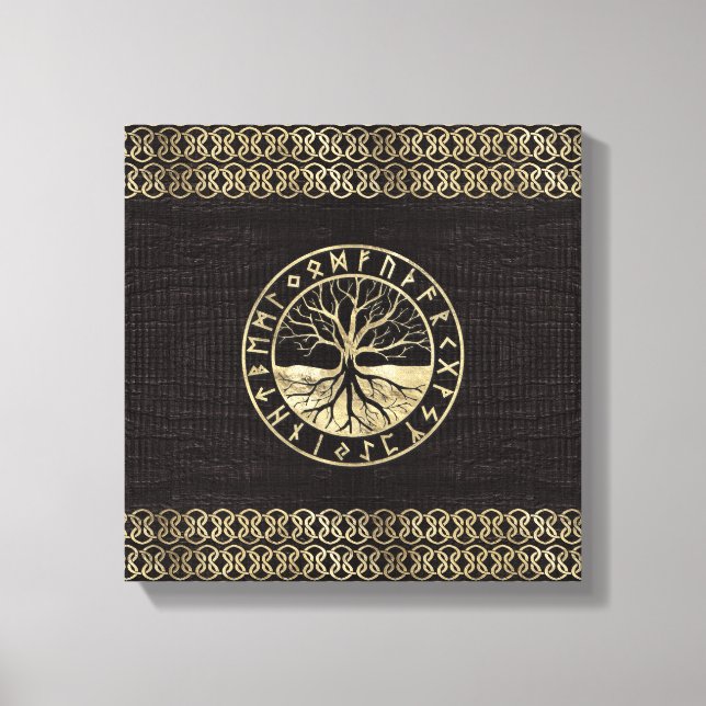 Livets träd-Yggdrasil och Rullor på trä Canvastryck (Framsida)