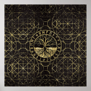 Livets träd-Yggdrasil och Runes Poster