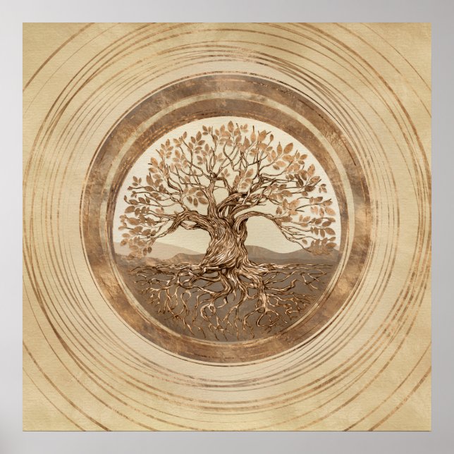 Livets träd-Yggdrasil Pastel Guld Poster (Framsidan)