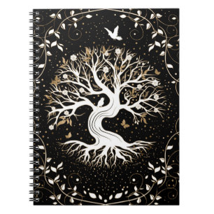 Livets träd - Yggdrasil - svart, vitt och guld Anteckningsbok