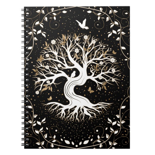 Livets träd - Yggdrasil - svart, vitt och guld Anteckningsbok (Framsidan)