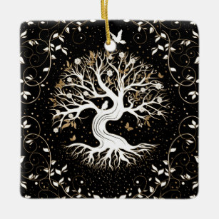 Livets träd - Yggdrasil - svart, vitt och guld Julgransprydnad Keramik
