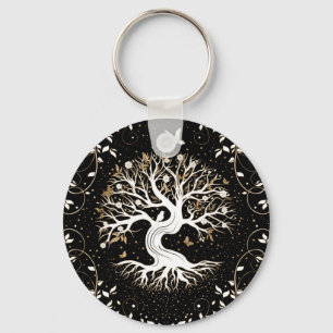 Livets träd - Yggdrasil - svart vitt och guld Nyckelring