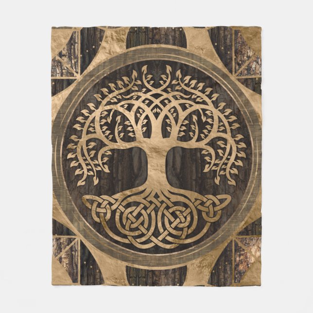 Livets träd-Yggdrasil-Wood Bark och Guld Fleecefilt (Framsidan)