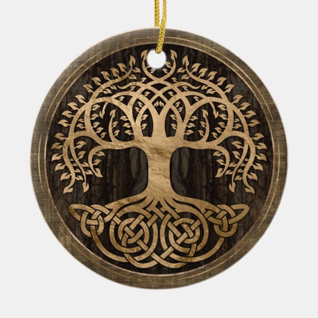Livets träd-Yggdrasil-Wood Bark och Guld Julgransprydnad Keramik (Framsidan)