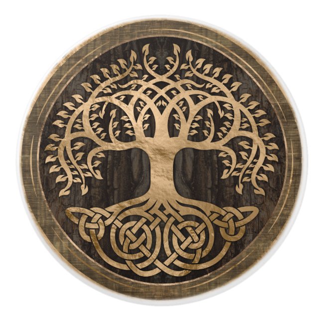 Livets träd-Yggdrasil-Wood Bark och Guld Knopp (Framsidan)