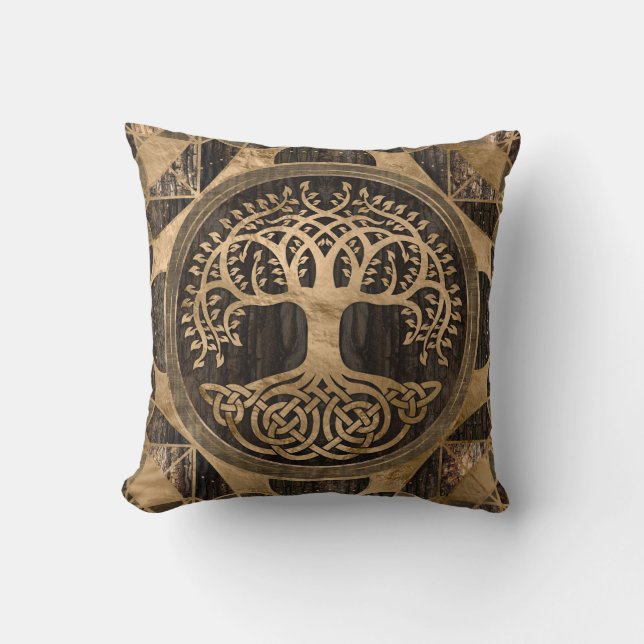Livets träd-Yggdrasil-Wood Bark och Guld Kudde (Framsida)