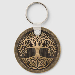 Livets träd-Yggdrasil-Wood Bark och Guld Nyckelring