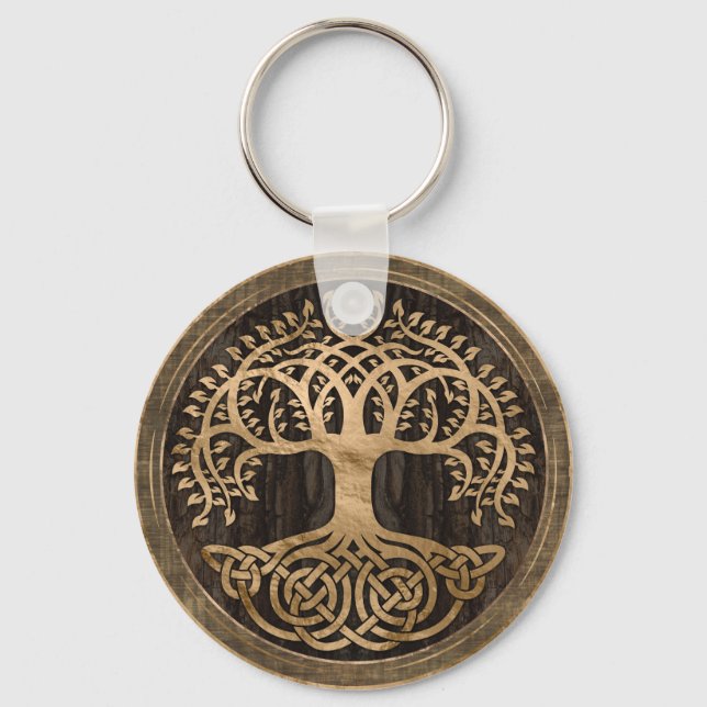 Livets träd-Yggdrasil-Wood Bark och Guld Nyckelring (Framsida)