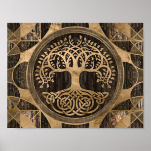 Livets träd-Yggdrasil-Wood Bark och Guld Poster