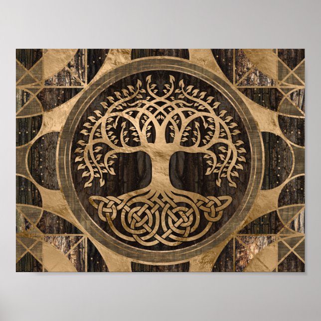 Livets träd-Yggdrasil-Wood Bark och Guld Poster (Framsidan)