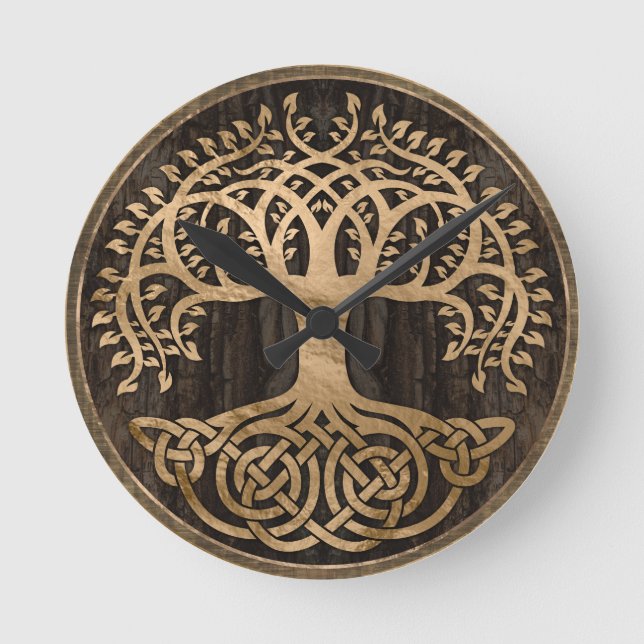 Livets träd-Yggdrasil-Wood Bark och Guld Rund Klocka (Framsida)