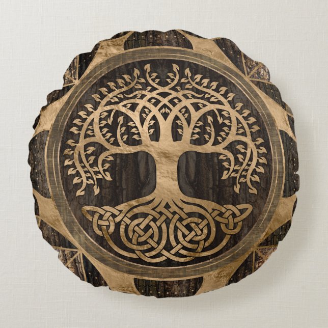 Livets träd-Yggdrasil-Wood Bark och Guld Rund Kudde (Framsidan)