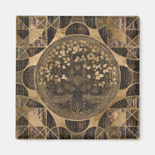 Livets träd - Yggdrasil - Wood skäll och guld Magnet