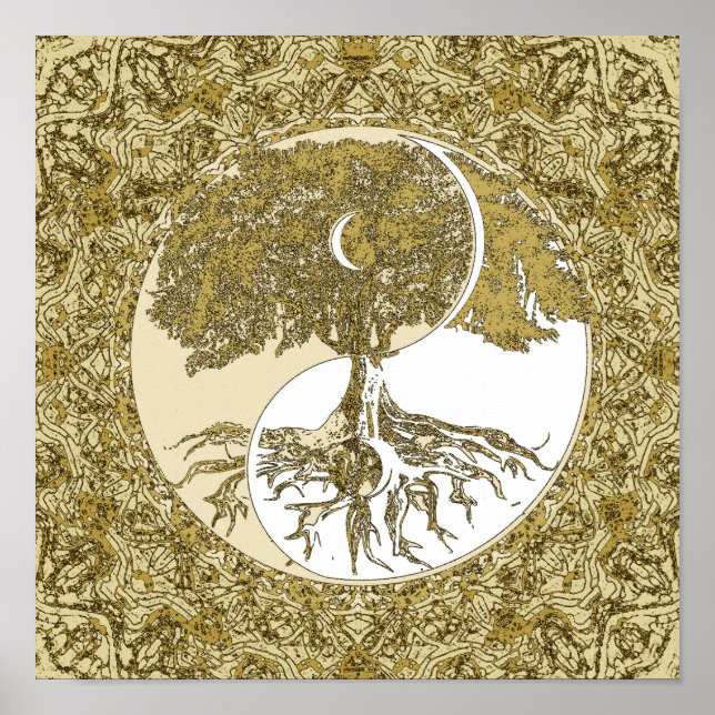 Livets träd Yin Yang Guld Mandala Poster (Framsidan)