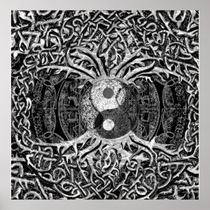 Livets träd Yin Yang i svartvitt Poster