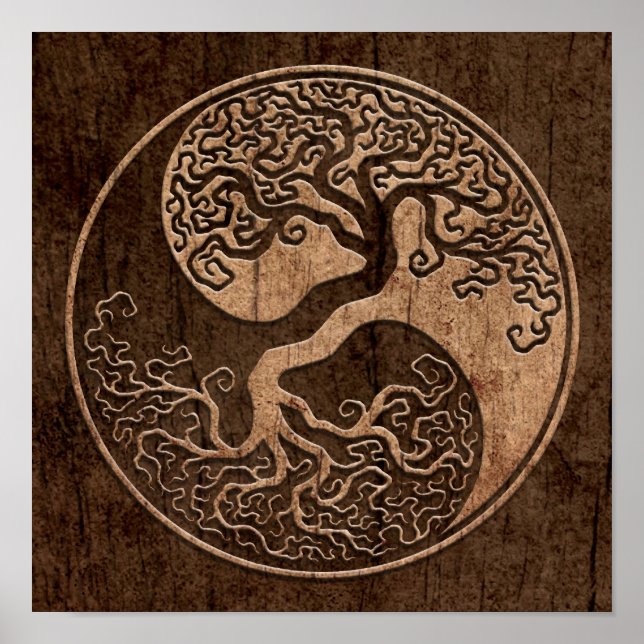 Livets träd Yin Yang med Wood Grain Effect Poster (Framsidan)