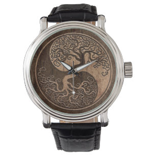 Livets träd Yin Yang med Wood korn verkställer Armbandsur