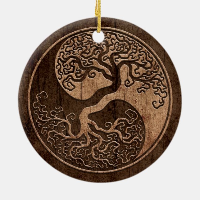 Livets träd Yin Yang med Wood korn verkställer Julgransprydnad Keramik (Baksidan)