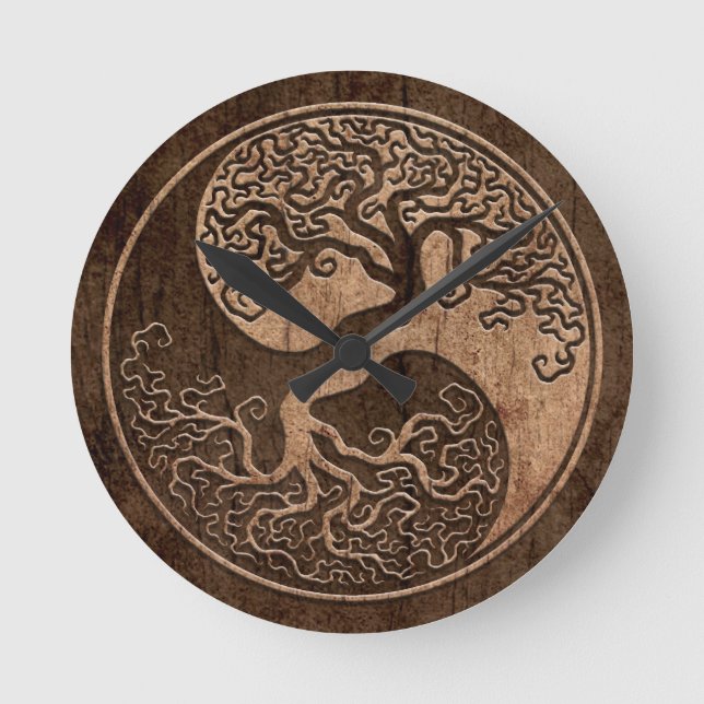 Livets träd Yin Yang med Wood korn verkställer Rund Klocka (Framsida)