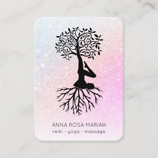 *~* Livets träd Yoga Zen QR Pastel Glitter Visitkort (Framsida)