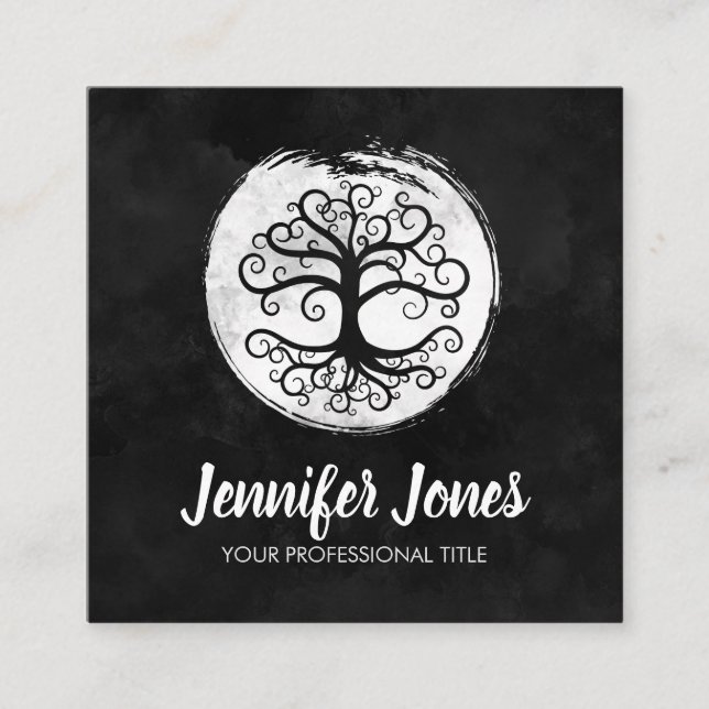 Livets trädvit på svart vattenfärg fyrkantigt visitkort (Framsida)