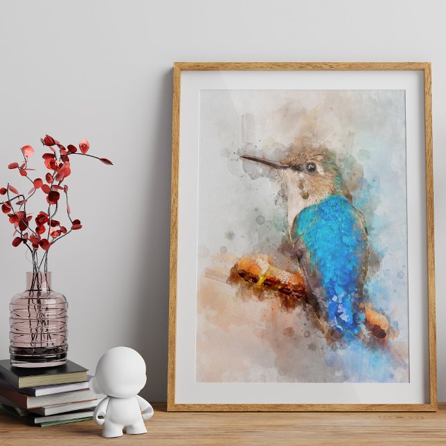 Livfull akvarell kolibri Fågel på en gren Fototryck (Vibrant Watercolor Hummingbird Bird on a branch. Photo Print)
