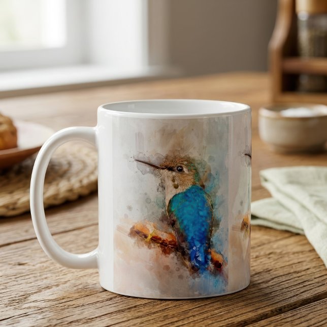 Livfull akvarellkolibri Fågel på en gren Kaffemugg (Vibrant Watercolor Hummingbird Bird on a branch. Coffee Mug)