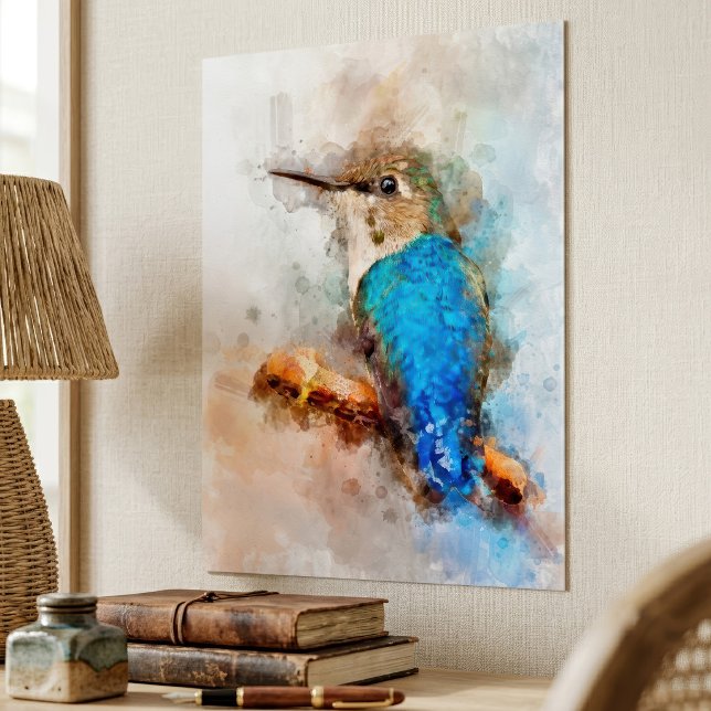 Livfull akvarellkolibri på en gren poster (Vibrant Watercolor Hummingbird Bird on a branch. Poster)