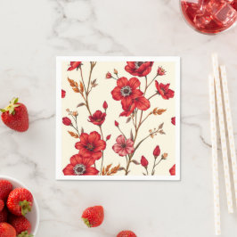 Livfull botanisk illustration i rött pappersservett
