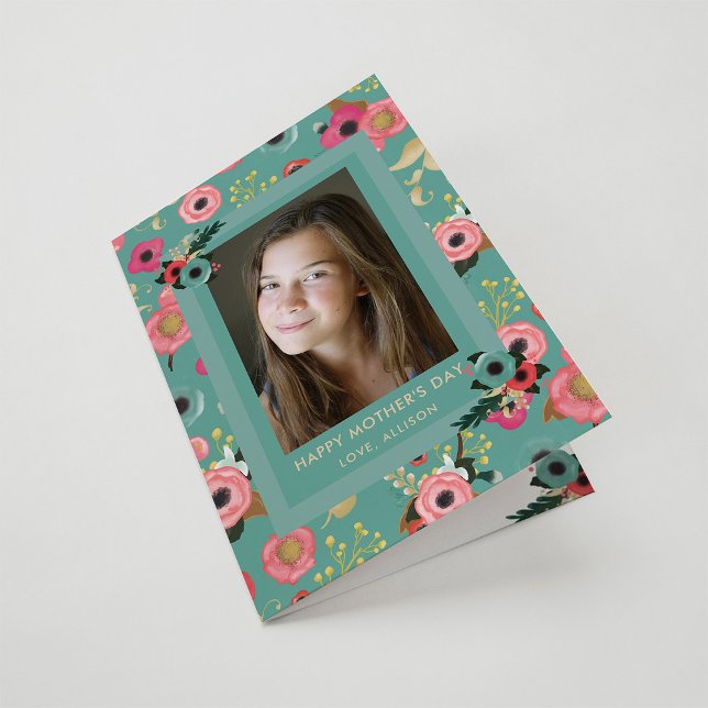 Livfull | Glad mors dag Teal Blommor och Foto Kort (Skapare uppladdad)