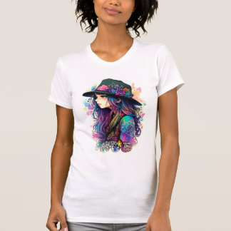 Livfull konstnärlig flicka i hatt med bred brätte t shirt