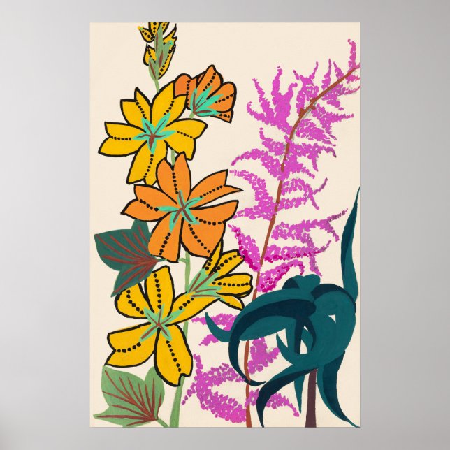 Livfull Magenta & Orange Art Deco Blommig Konst Poster (Framsidan)