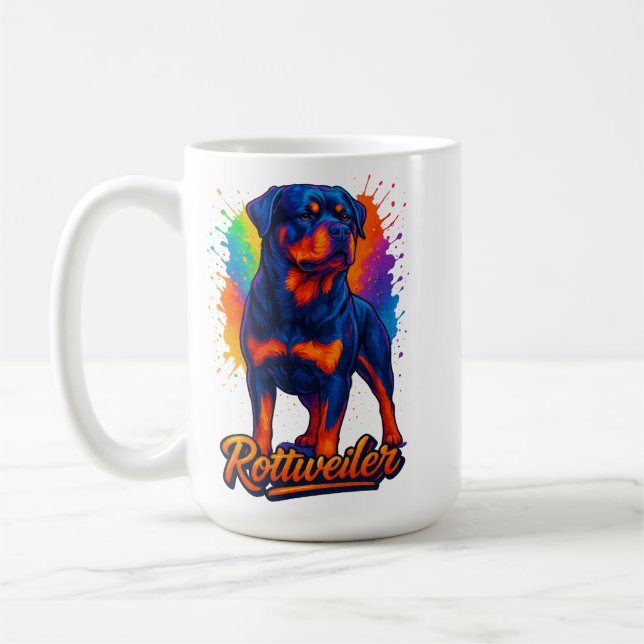 Livfull Rottweiler Pop Art – Djärv Neon Hund Kaffemugg (Vänster)