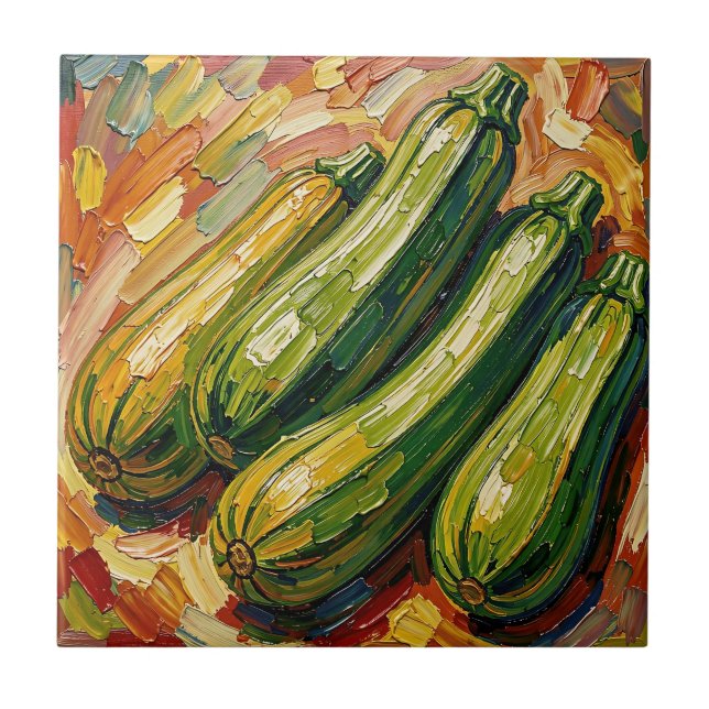 Livfull Zucchini-målning i impastoteknik Kakelplatta (Framsidan)